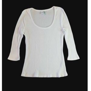 Susina White Ribbed Scoop Neck 3/4 Sleeve‎ Flare Cuff Top Women's Size M